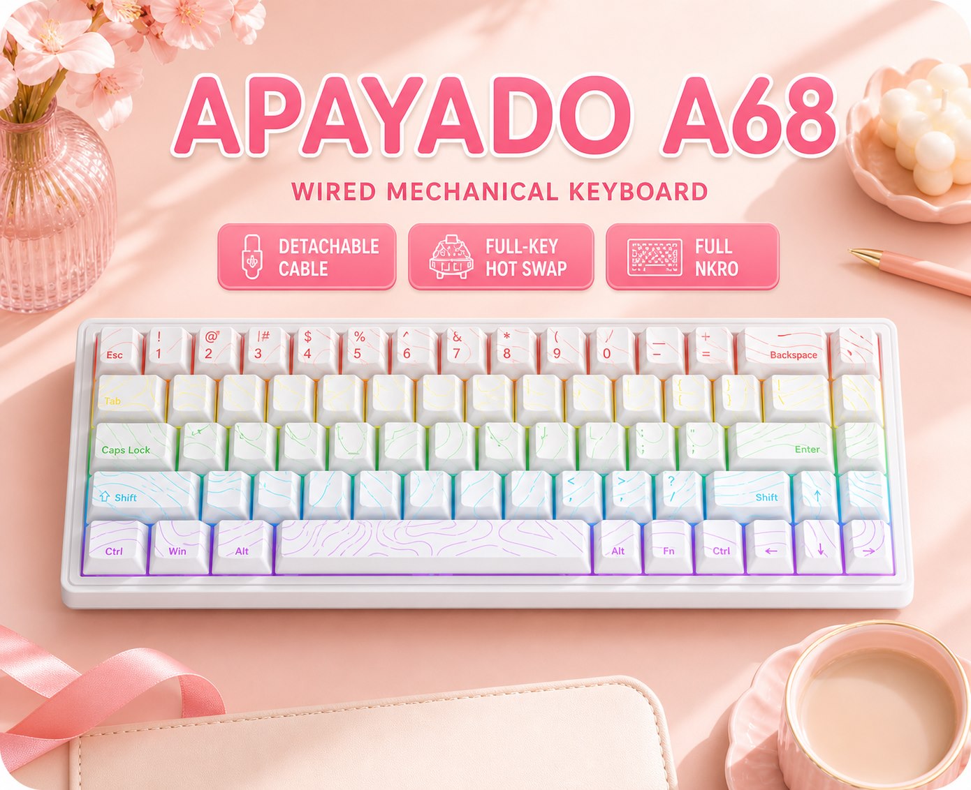 Keyboard Gaming Blue Switch - APAYADO A68 유선 기계식 키보드 핫스왑